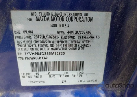 2005 Mazda Mazda6 S Sport from USA, damaged, VIN 1YVHP84D855M12830